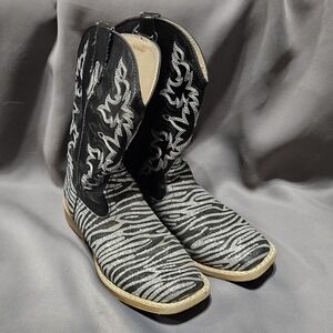 Roper Brand Youth Size 3 M Black Zebra Print Cowboy Western Boots Glitter